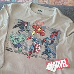 NWT Marvel Men's Long Sleeve Tee - Beige with Superhero Squad